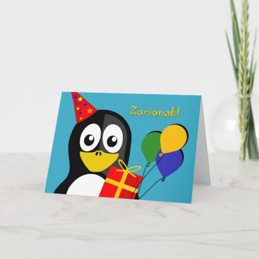 Zorionak! バスク語、ペンギンの誕生日Greetins カード (正面)
