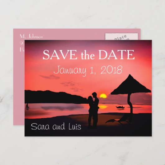 ZSunsetでのビーチロマンチックカップル日付を保存 ポストカード (正面/裏面)