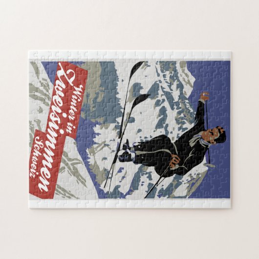 Zweisimmenのヴィンテージのスキー旅行広告の冬 ジグソーパズル (横)