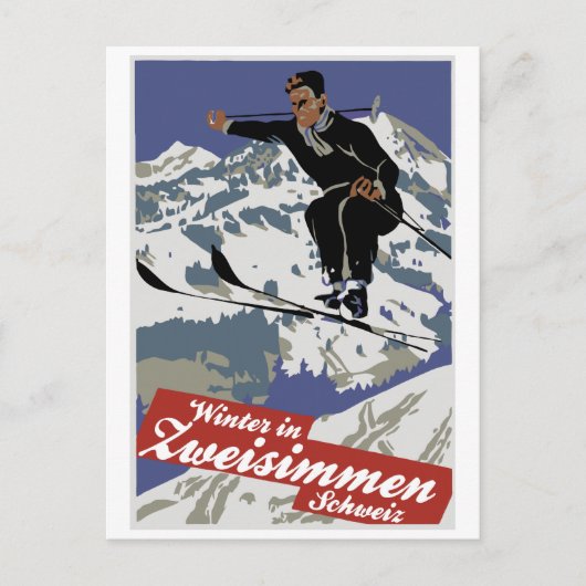 Zweisimmenの冬のヴィンテージスキー旅行や ポストカード (正面)