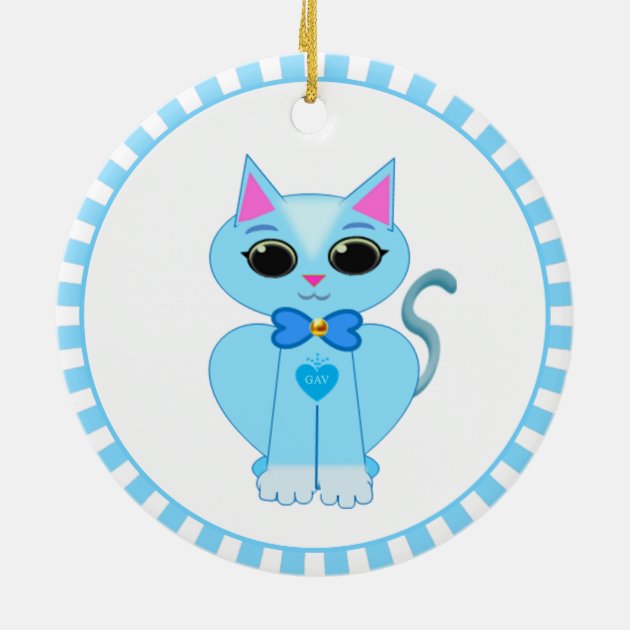 かわいいライトブルーの猫とブルーレイズ セラミックオーナメント