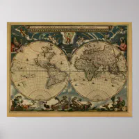 アンティーク世界地図byジョアン・ブラウ， 1664年頃 ポスター | Zazzle.co.jp