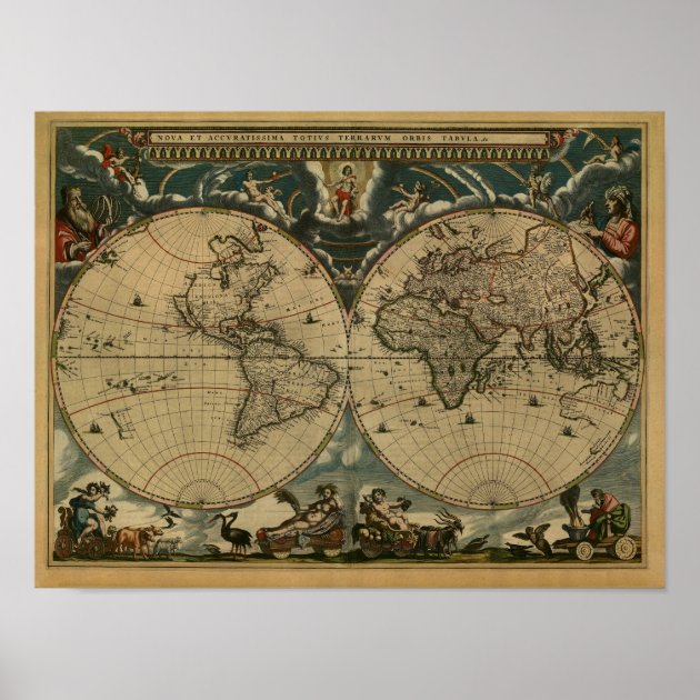 アンティーク世界地図byジョアン・ブラウ， 1664年頃 ポスター | Zazzle.co.jp