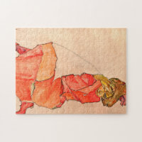 エゴンシーレ-女性をオレンジの赤いドレスで膝をつく ジグソーパズル