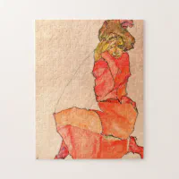 エゴンシーレ-女性をオレンジの赤いドレスで膝をつく ジグソーパズル