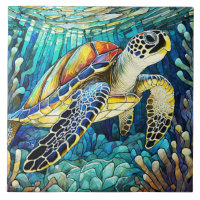 ステンドグラススタイルハワイアンウミガメ本能芸術 タイル | Zazzle.co.jp