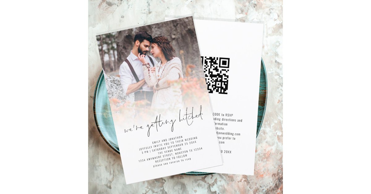 バジェットモダンフォトオーバーレイQRコードウェディング招待 Zazzle.co.jp
