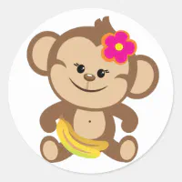 バナナを持つ女の子猿 ラウンドシール | Zazzle.co.jp