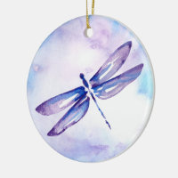 紫色の水彩画のトンボのクリスマスオーナメント セラミック
