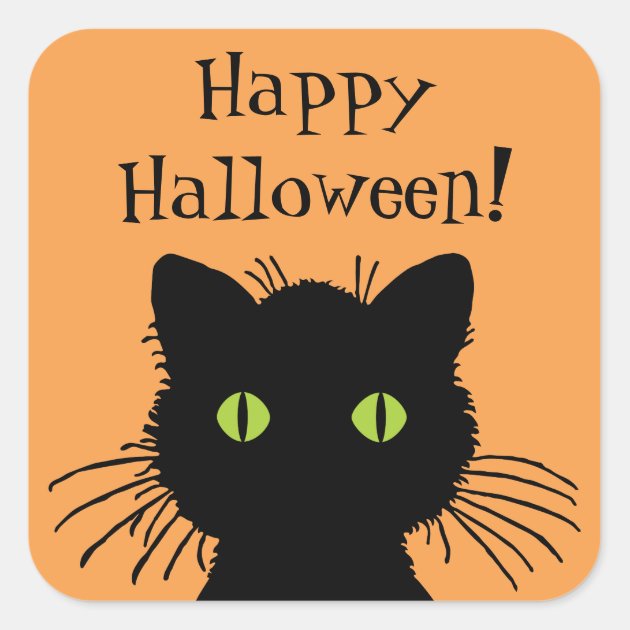 緑色の目のハロウィンの黒猫のデザイン スクエアシール | Zazzle.co.jp