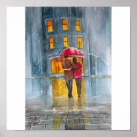 雨の日赤い傘の通り絵画シーン ポスター | Zazzle.co.jp