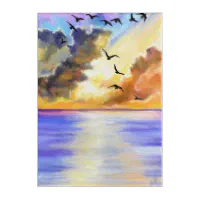 鳥飛んでいるが海の夕日-水彩画 アクリルウォールアート | Zazzle.co.jp